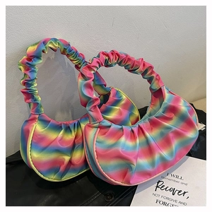 Rainbow gradient pleated shoulder bag with a stylish satin finish and cloud-shaped handle