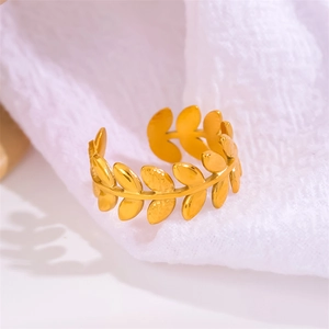 Minimalist 18K gold-plated stainless steel leaf ring with an adjustable open band