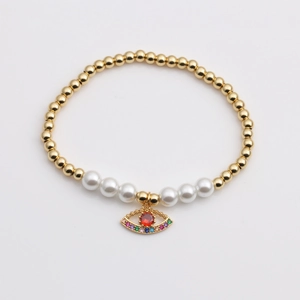 Gold-plated evil eye charm bracelet with pearls and colorful zircons for women