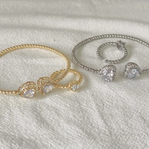 18k gold and silver geometric heart zircon bracelet and adjustable ring set for women