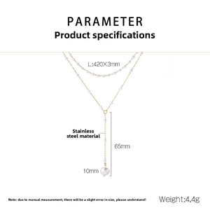 Detailed view of Y-shaped double layer pearl necklace with stainless steel dimensions