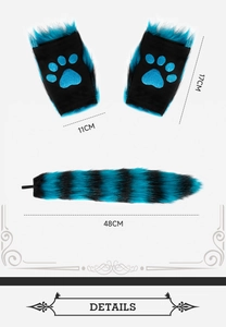 Ensemble queue et gants de patte en peluche rayée bleue et noire avec dimensions