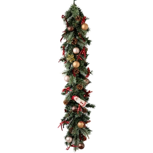 Lush Christmas pine garland with pinecones, ornaments, and Santa Claus figurine