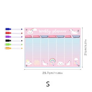 Detail of A4 magnetic acrylic weekly planner with cute unicorn theme and 6 markers