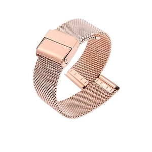 Macro detail of rose gold Milanese mesh watch strap with a secure folding clasp closure