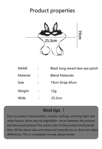 Detailed specs of black long-eared lace masquerade mask with 45cm ribbon straps