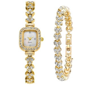 Golden women's quartz watch and rhinestone bracelet set with mother-of-pearl dial