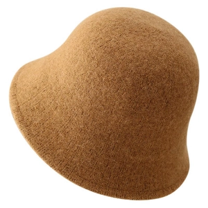 Brown vintage wool knit bucket hat with textured finish shown from a high angle view