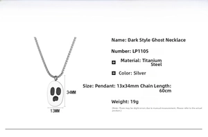 Detailed size specifications for the silver titanium steel ghost pendant and box chain