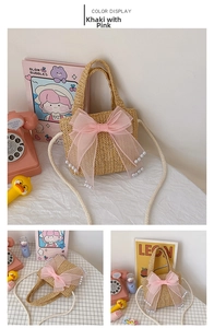 Detail of khaki straw bag featuring a large pink lace bow and white pearl accents