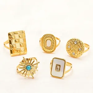 Bagues Géométriques Vintage Acier Inoxydable Plaqué Or 18K Femmes Coquillage Zircon Bohème Bague Ouverte Bijoux