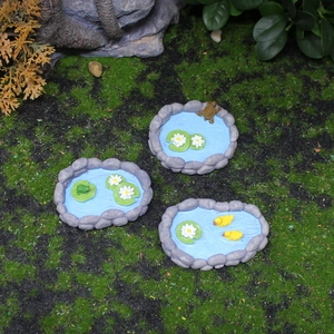 Three miniature resin ponds with blue water, lotus flowers and animals for micro landscapes