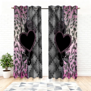 Detail of blackout curtains with pink leopard print and rose design for a modern bedroom decor