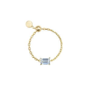 Detail of adjustable gold S925 silver chain ring with light blue rectangular zircon stone
