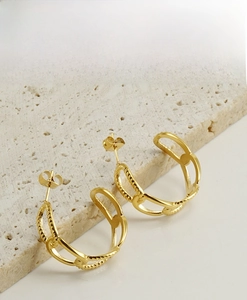 Detail of 18K gold-plated interlocking geometric earrings with twist chain texture