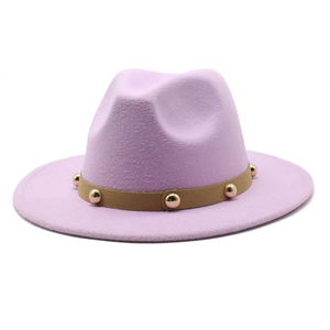 Close-up of lavender wool fedora hat with brown studded band and gold rivets detail