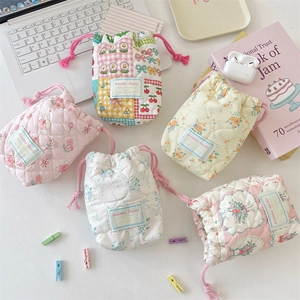 Quilted Cotton Drawstring Storage Bag Floral Pattern Shockproof Camera Pouch For Travel Accessories Cute Bundle Pocket