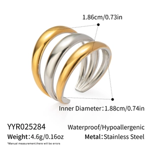 Macro detail of layered two-tone stainless steel ring showing gold and silver finish