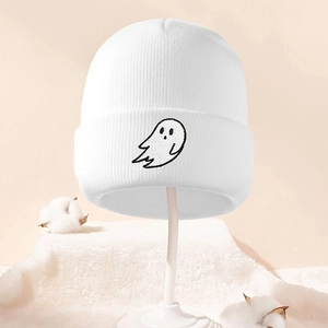 Warm white knit beanie with cute ghost embroidery for Halloween fashion and winter warmth