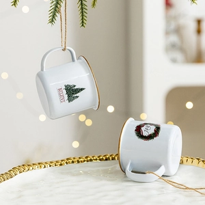 Christmas Tree Hanging Mini Mug Ornaments White Enamel Metal Decorations With Holiday Prints Gold Rim For Festive Party