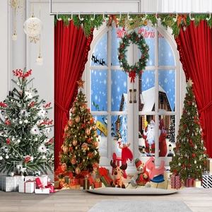Detailed view of waterproof polyester shower curtain with festive Christmas scene pattern