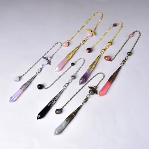 Hexagonal crystal pendulum necklaces with amethyst rose quartz and angel wing charms