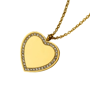 Golden heart-shaped titanium steel necklace with white zircon border on white background