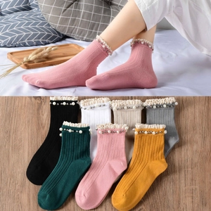 Women's vintage cotton crew socks with elegant lace ruffle and pearl trim detail