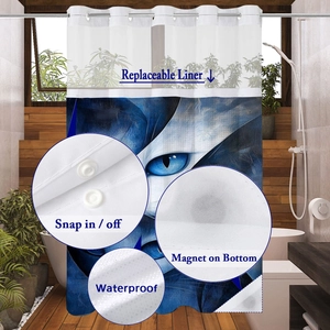 Detail of snap-in replaceable liner and magnetic bottom on blue cat eye shower curtain