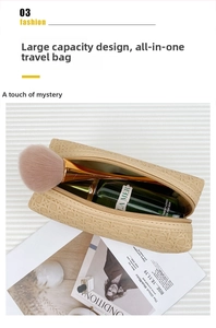 Close-up of beige woven texture toiletry bag showing spacious interior and secure zipper