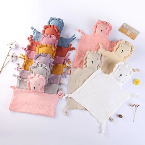 Soft cotton muslin baby security blanket with lion head and knotted corners in multi-colors