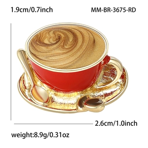 Enamel coffee cup brooch with gold spoon and saucer, 1.9cm x 2.6cm creative jewelry pin