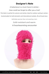 Detail of hot pink fuzzy knit balaclava mask showing soft thermal plush texture and design