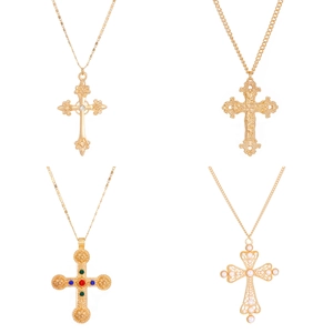 Cyberpunk multi-layered golden cross necklaces with vintage relief and colorful gemstones