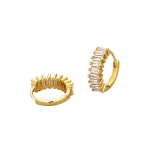 Gold-plated S925 silver huggie earrings with baguette-cut cubic zirconia in white background