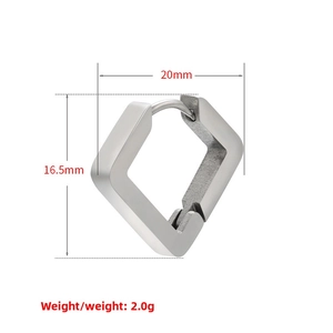 Detail view of silver square hoop earrings with 16.5mm height and 2.0g weight specs