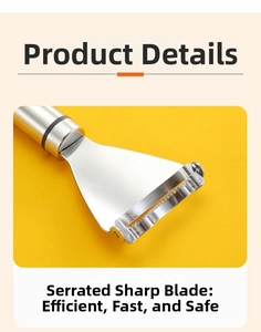 Detail of sharp serrated stainless steel corn peeler blades on a bright yellow background