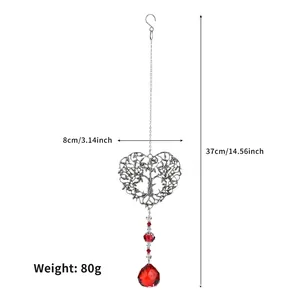 Detail of silver Tree of Life suncatcher with red crystal beads and size dimensions