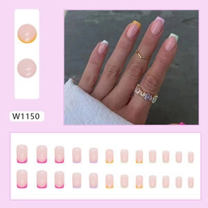 Colorful French square press-on nails set with vibrant candy tips and nude pink base