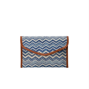 Blue and white wave pattern woven envelope clutch bag with brown faux leather trim