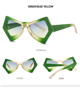 Multi-angle view of butterfly shaped sunglasses with green and blue yellow gradient frames