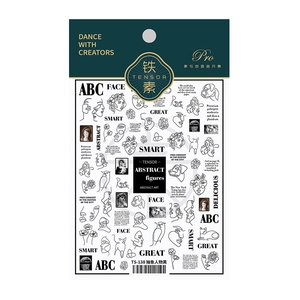 Sticker nail art 5D minimaliste avec lignes abstraites noires et croquis de visages