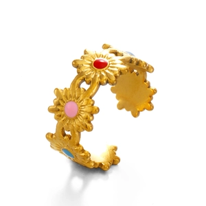 Bague ouverte en acier inoxydable doré 18K avec motifs marguerites en émail coloré