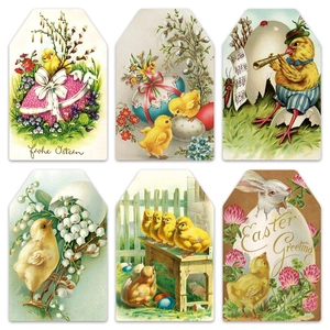 Set of 6 vintage Easter gift tags with illustrations of bunnies and spring flowers