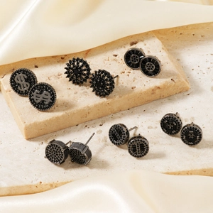 Detailed set of black zircon earrings featuring dollar signs and hip-hop geometric designs