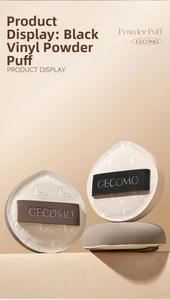 Detailed view of three-piece Rubycell makeup powder puff set in drop and round shapes