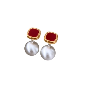 Matte gold and silver round earrings with red acetate square top for women