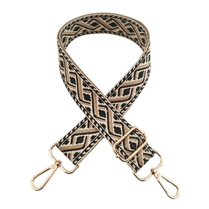 Adjustable jacquard wide shoulder strap with geometric pattern and gold metal hooks