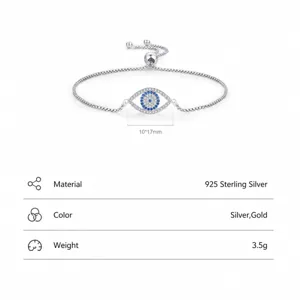 S925 Sterling Silber Armband mit bösem Blick, blauem Zirkonia und verstellbarer Kette