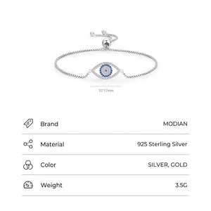S925 sterling silver evil eye bracelet with blue zirconia and adjustable box chain